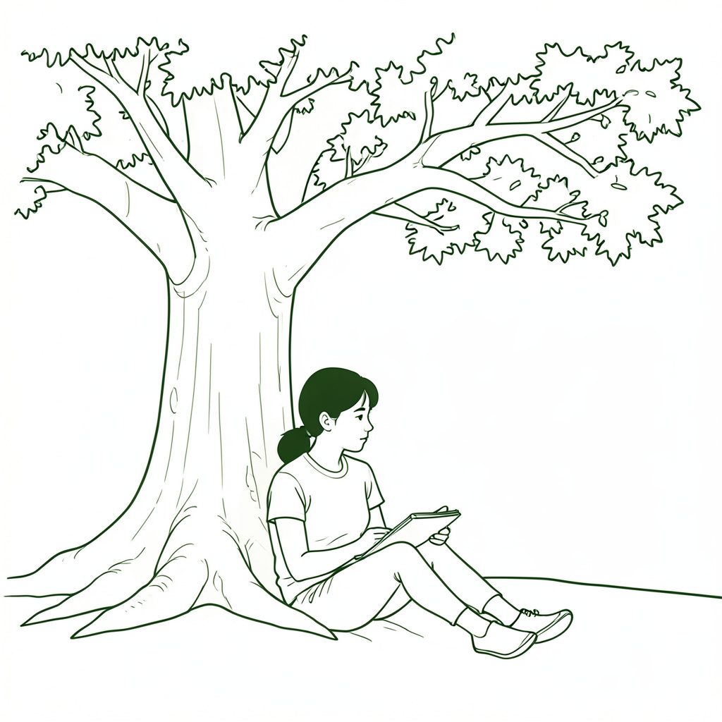 A minimal line drawing of a young person sitting beneath a large oak tree with a notebook, in soft sepia tones.