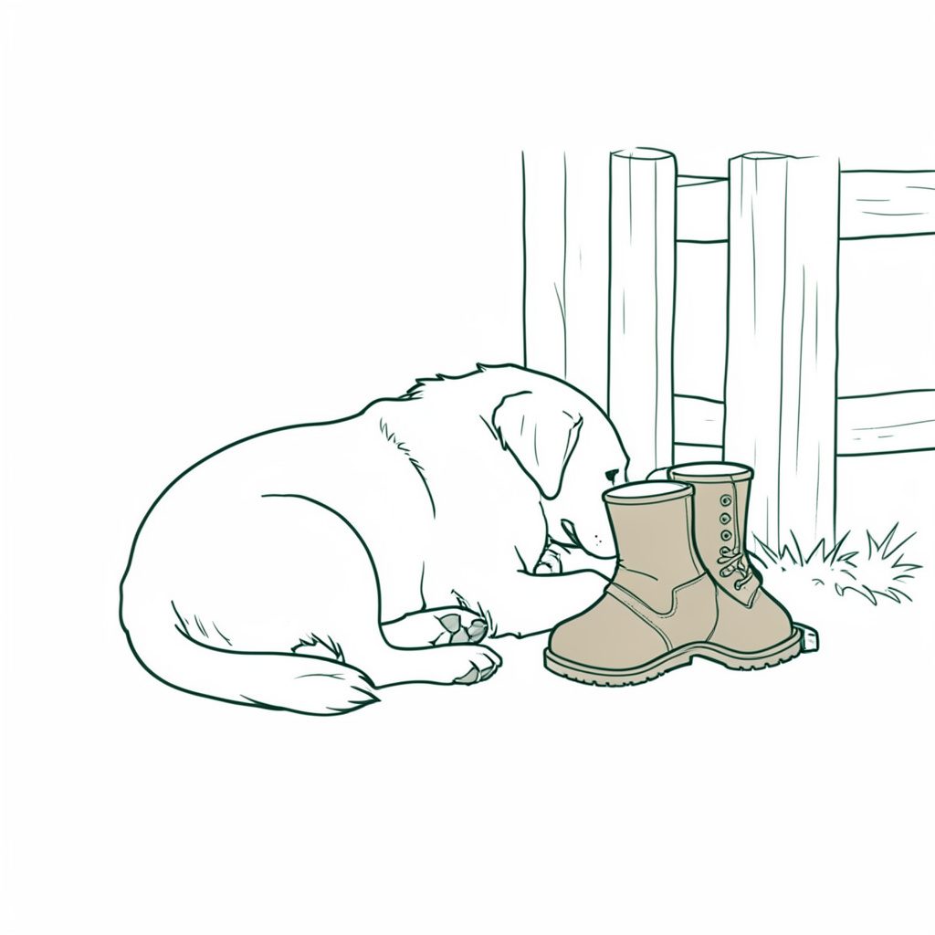 A minimal line drawing of a dog resting beside a pair of boots near a wooden fence, in muted charcoal and tan.