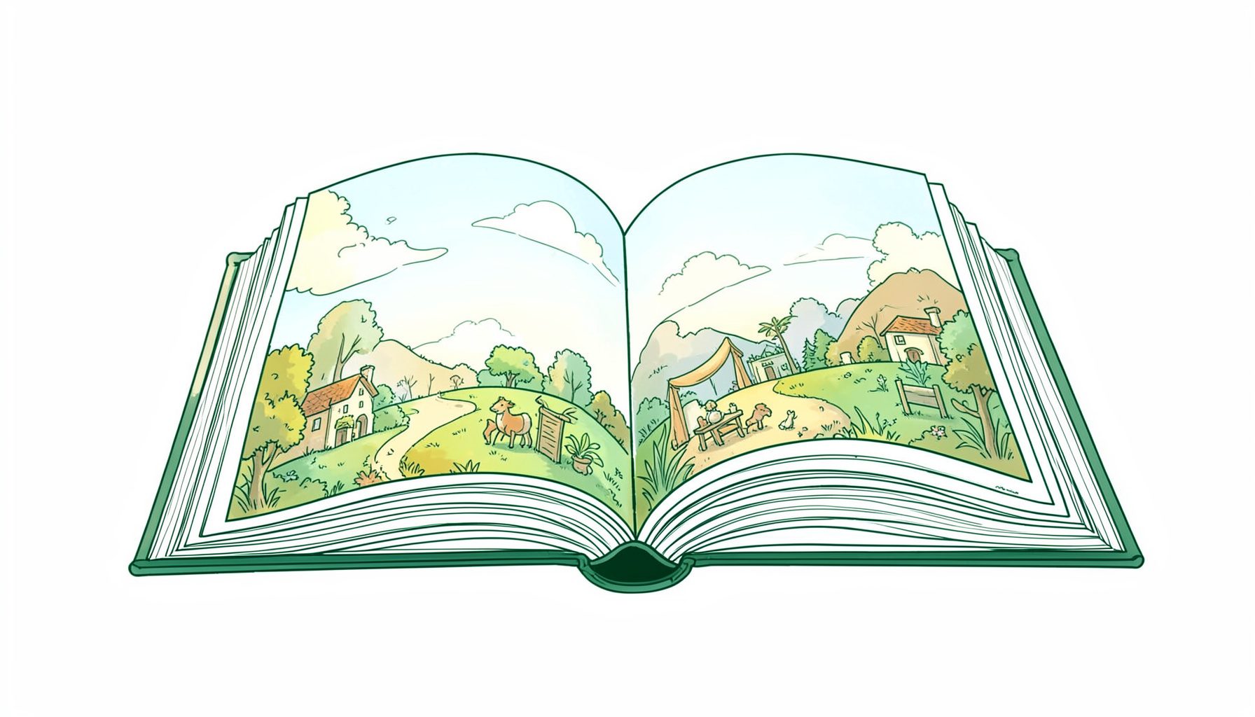 A warm, softly lit illustration of an open book with colorful storybook landscapes spilling from its pages, in gentle greens, golds, and sky blues.