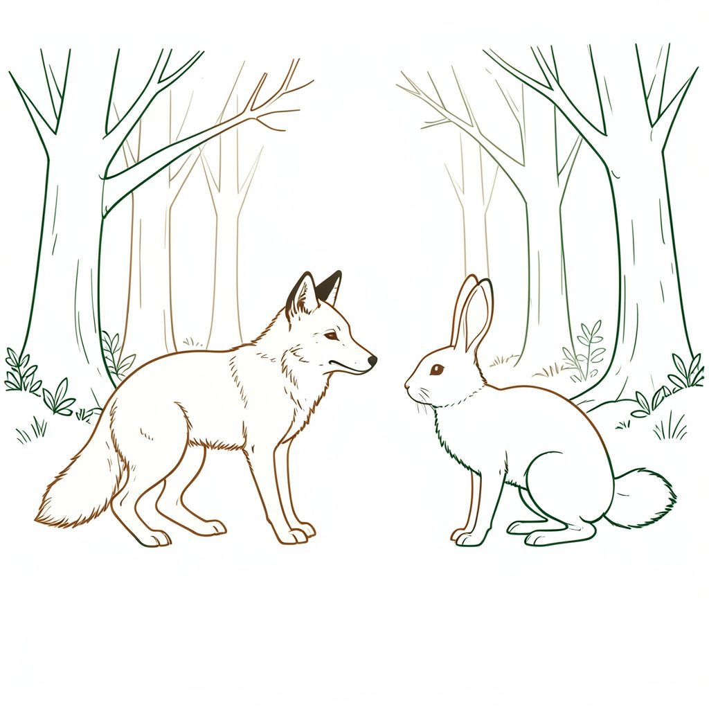 A minimal line drawing of a fox and a rabbit facing each other in a forest clearing, rendered in warm brown ink on cream.
