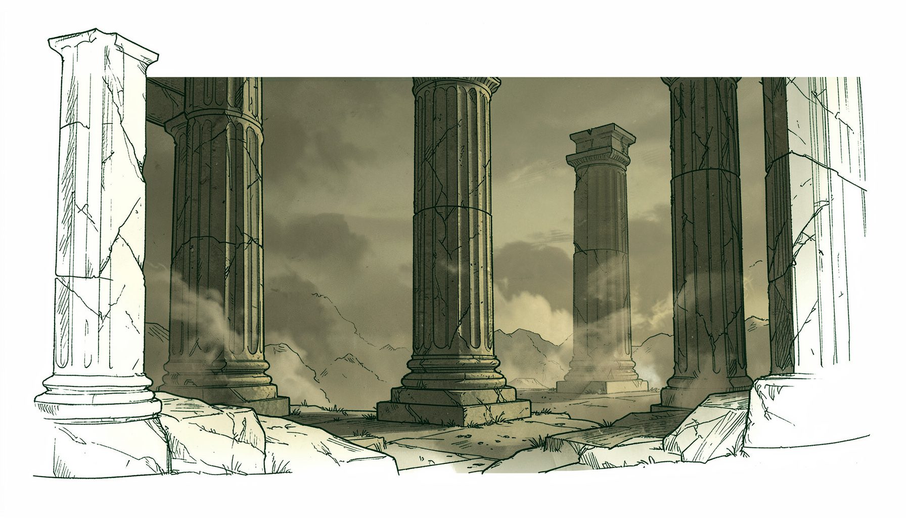 A dim, atmospheric composition of ancient stone columns and drifting mist in deep browns and muted gold, evoking the weight of classical mythology.
